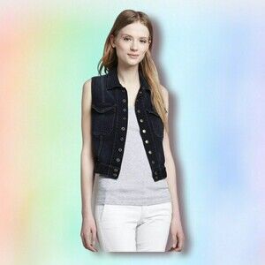 Current/Elliott Blue denim vest‎ 0 The Sleeveless Snap Black lace back overlay